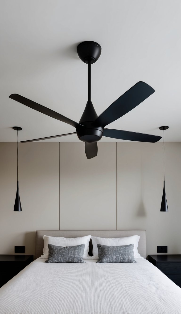 A sleek ceiling fan hangs above a minimalist bedroom with clean lines and simple decor