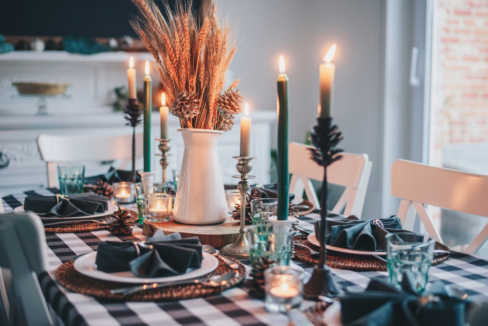 Soft candlelight on winter-to-spring modern rustic tablescape