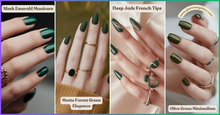 Three styles of dark green nail designs 