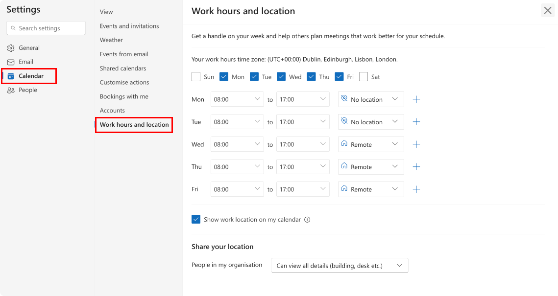 Pic. 18. Setting up work schedule settings in OWA.