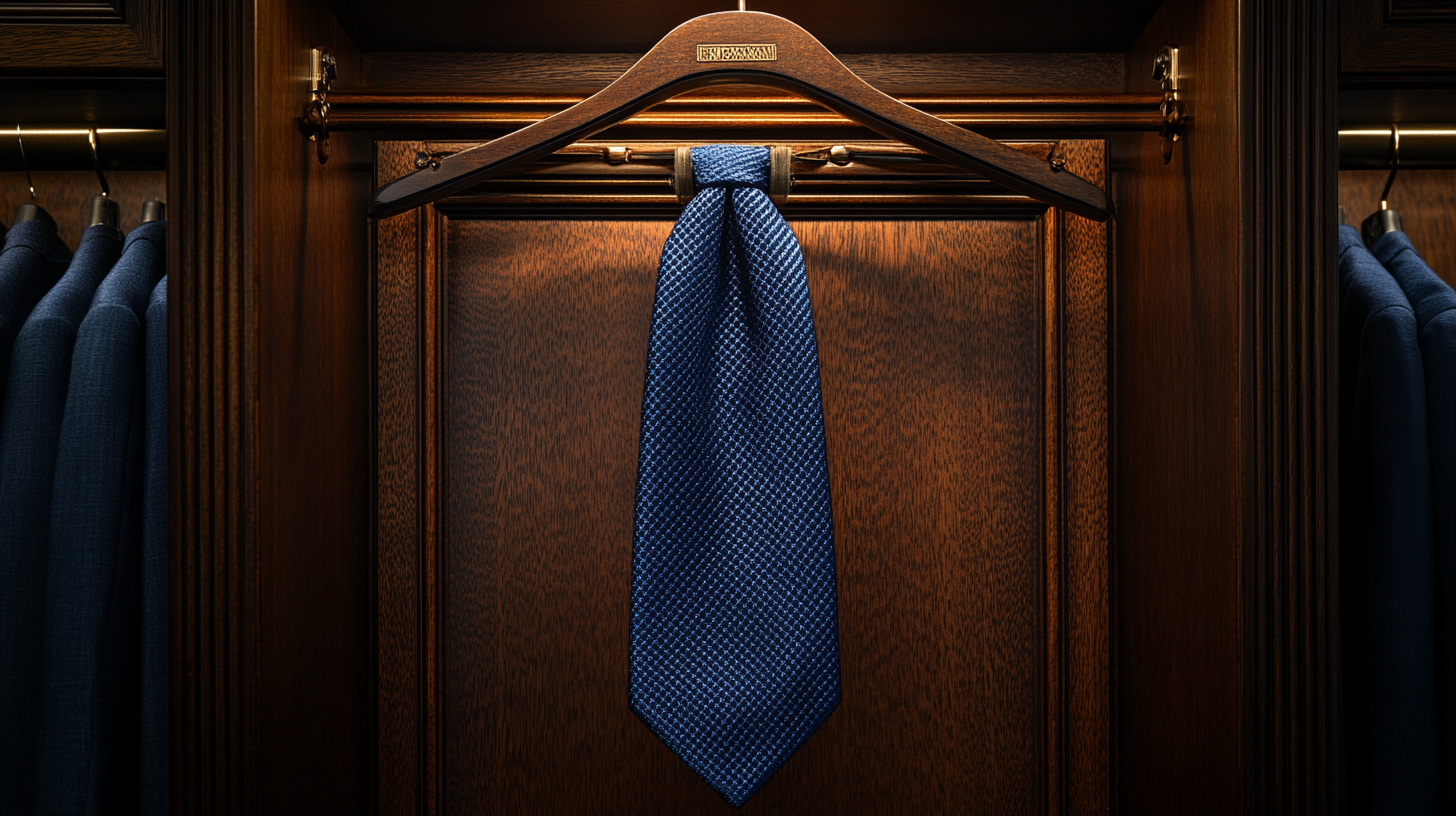 A classic navy blue tie hanging inside a stylish wooden wardrobe. The fabric is smooth and slightly textured, neatly draped over a velvet hanger. Soft lighting enhances the deep blue tone, while dark wooden panels create a polished and professional setting. The background stays neutral to focus on the tie.