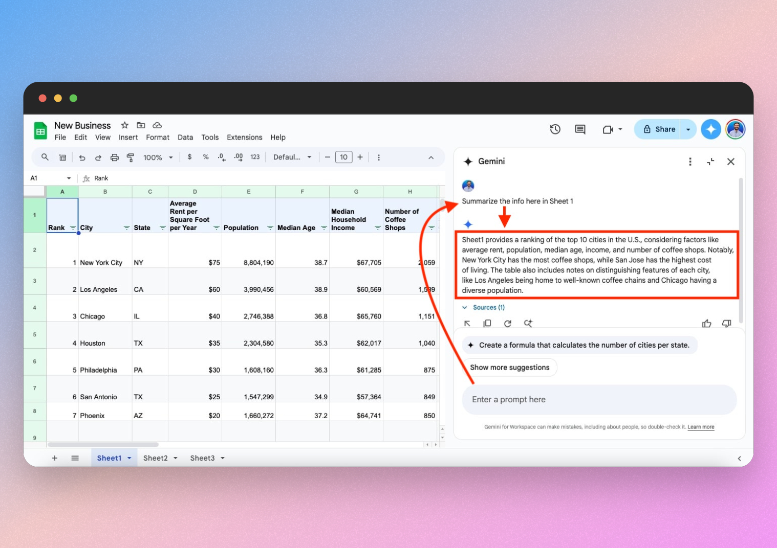 summarize google sheets with gemini