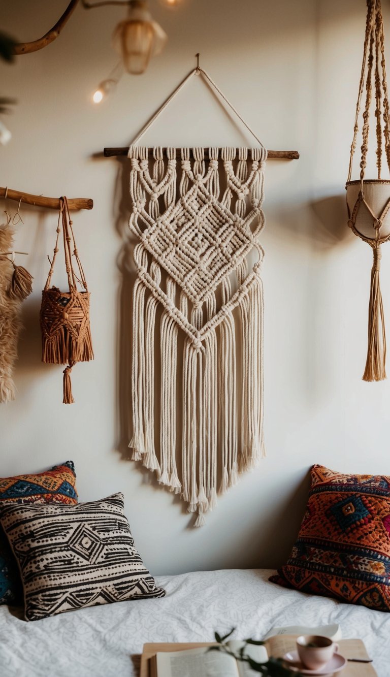 A macrame wall hanging hangs in an eclectic boho bedroom