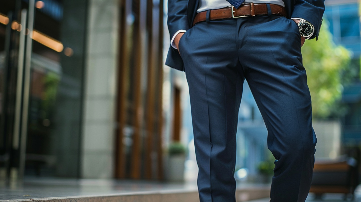 Man wearing formal dress pants made from wool or blended fabric; paired with a suit jacket; polished shoes; business or formal setting; tailored and professional appearance