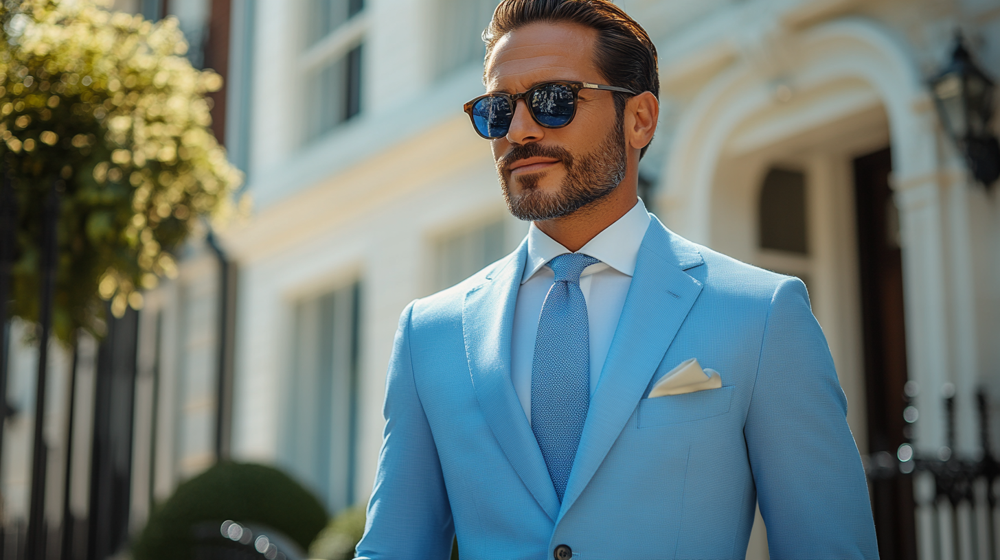 A stylish man wearing a soft, pastel light blue suit, perfect for summer or outdoor events. The lightweight fabric flows naturally, paired with a complementing tie for a fresh and effortless look. The setting is bright and airy, with a casual yet sophisticated atmosphere.