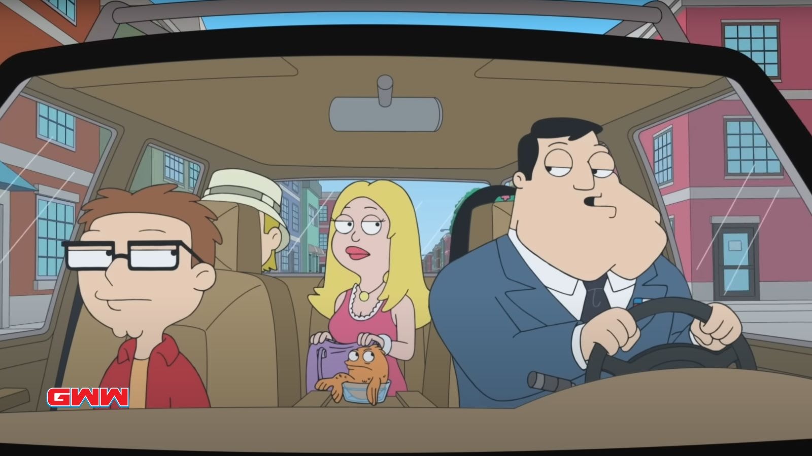 Stan driving with Steve, Francine, and Klaus in the car.