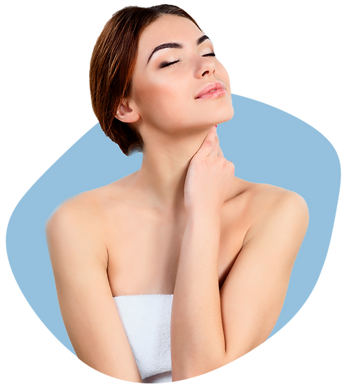 Happy woman in towel caressing her neck