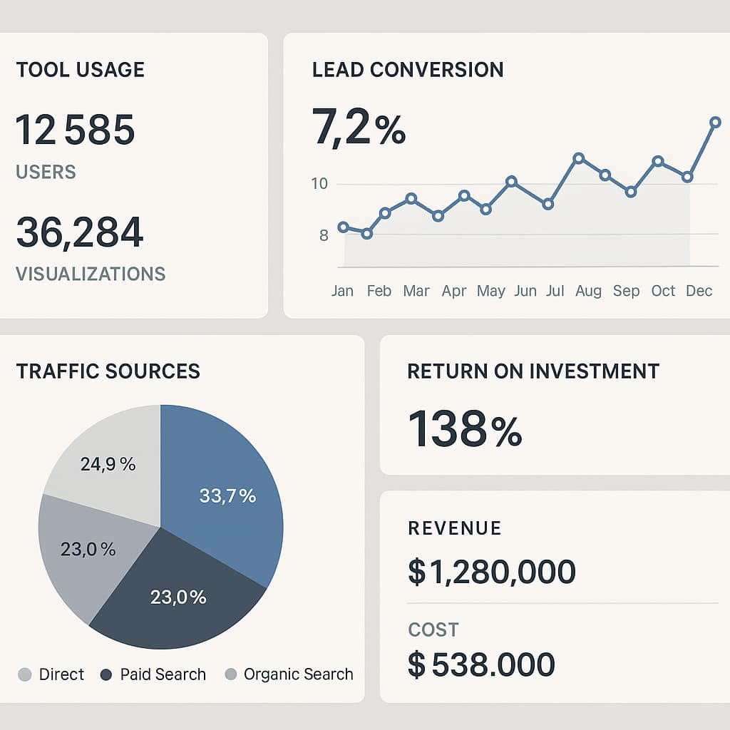 Analytics dashboard showing performance metrics for measuring success of window leads generation through visualization tools.