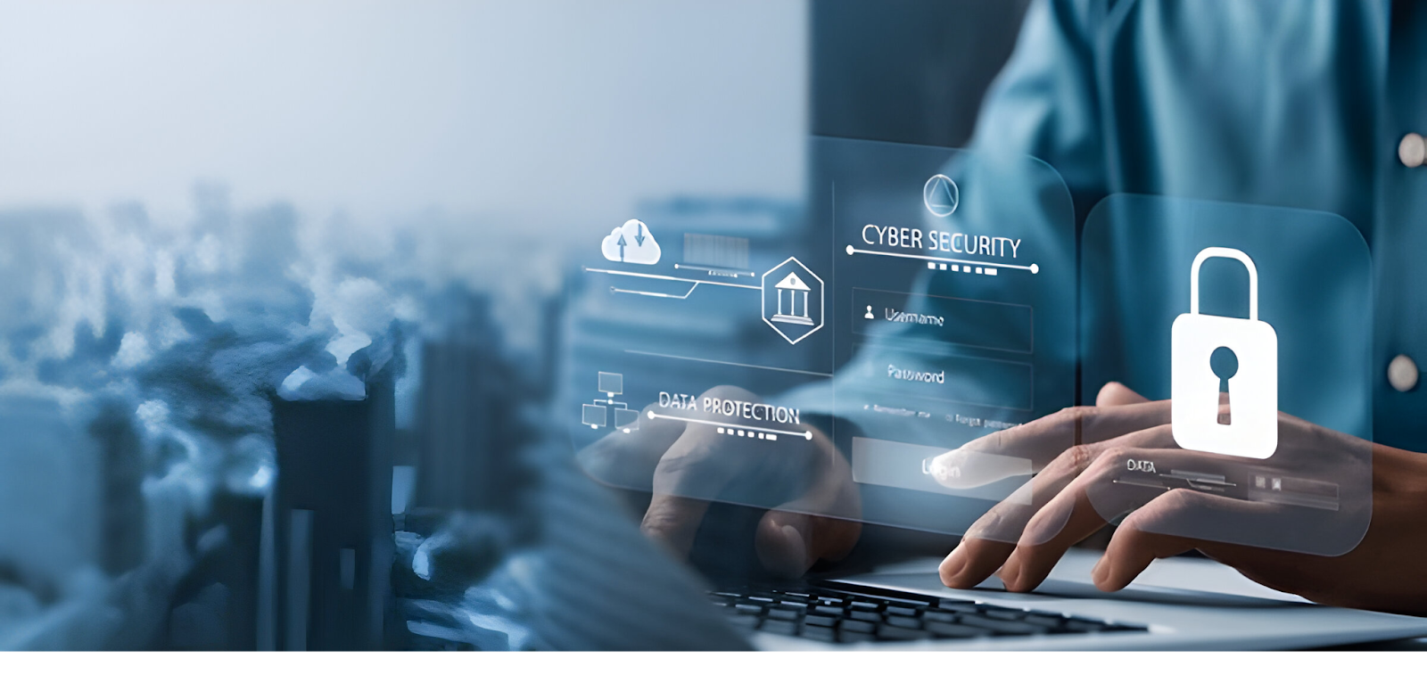 Person working on a laptop with virtual icons for cybersecurity, data protection, and cloud storage, illustrating cybersecurity as a key challenge in accounting.