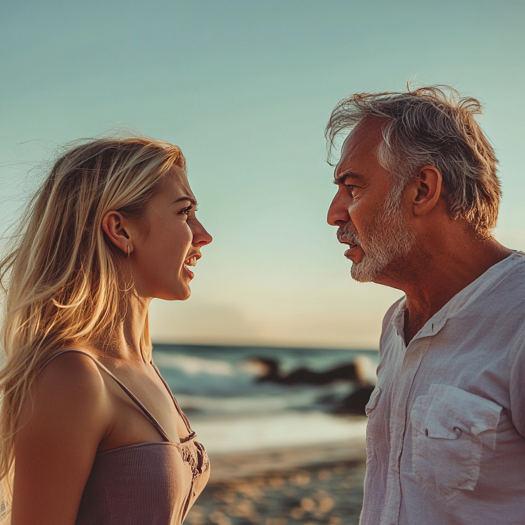 A frustrated woman talking to her father | Source: Midjourney