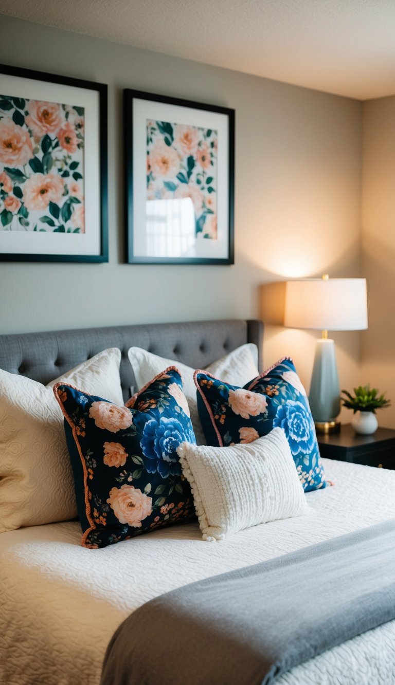 A cozy guest bedroom with a bed adorned with floral accent pillows, soft lighting, and a welcoming atmosphere