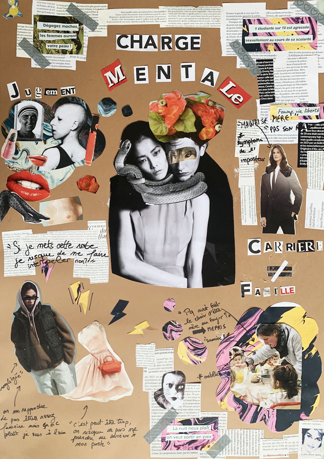 Exemple de collage réalisé en atelier. Le fond est en papier kraft, on y voit au centre une femme sont le cou est entouré par un un serpent, un homme avec des yeux d'animaux se penche sur son épaule.