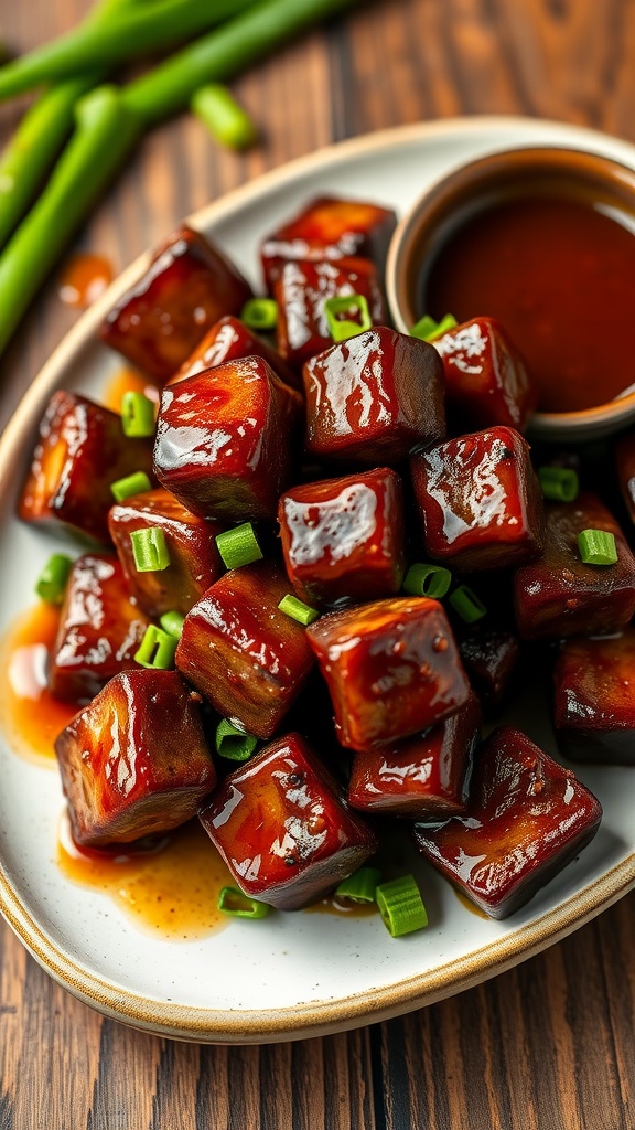 Juicy steak bites in honey garlic sauce garnished with green onions on a rustic wooden table.