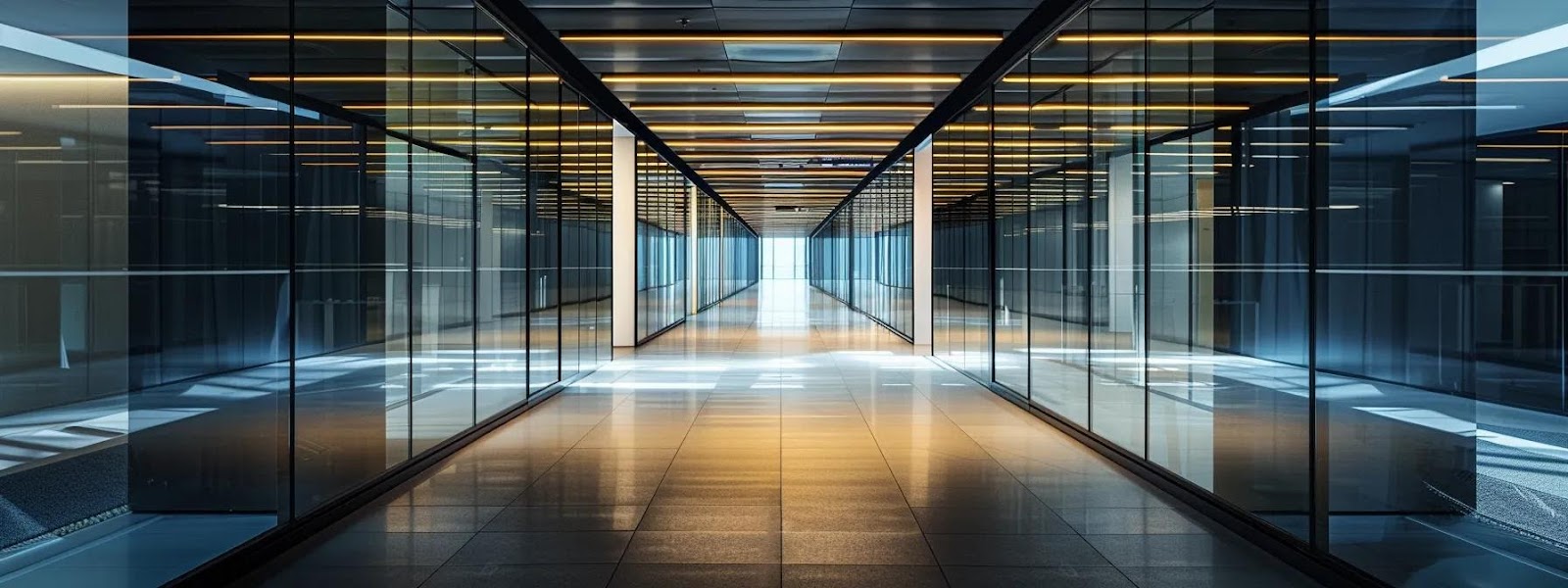 Modern glass corridor with illuminated ceiling lights, showcasing sleek design and transparency, reflecting security and accessibility concepts for commercial properties.