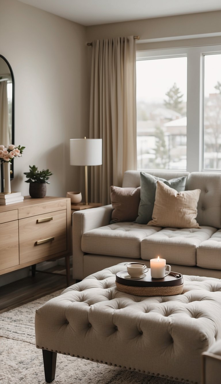 A bedroom with a large, comfortable bed positioned in the center of the room, surrounded by matching nightstands and lamps on each side. A cozy seating area with a plush loveseat and coffee table is situated in a corner, and soft, neutral-colored