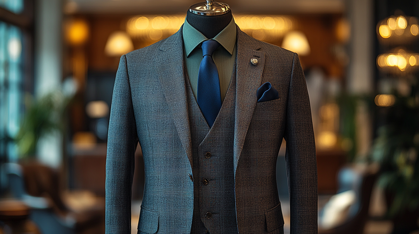 A mannequin wearing a dark gray suit, a muted green shirt, and a classic navy blue tie, styled for an elegant and refined look. The accessories include black dress shoes, a navy pocket square, and a silver tie bar. The background is a luxury hotel lobby with soft lighting.