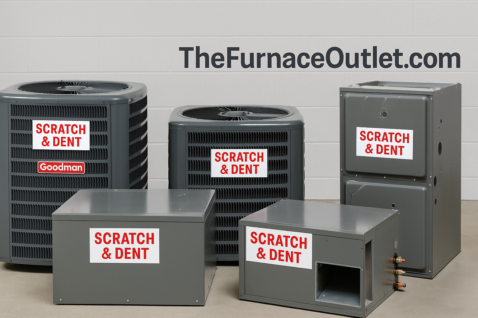 A lineup of "scratch and dent" HVAC units, including Goodman condensers and a furnace, displayed in a warehouse with minor cosmetic flaws; branded with TheFurnaceOutlet.com.