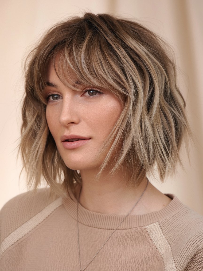 5. Shaggy Wavy Bob with Curtain Bangs