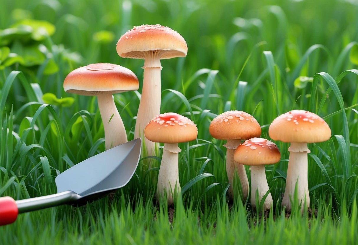 Lawn mushrooms sprouting among green grass, with a small garden spade nearby