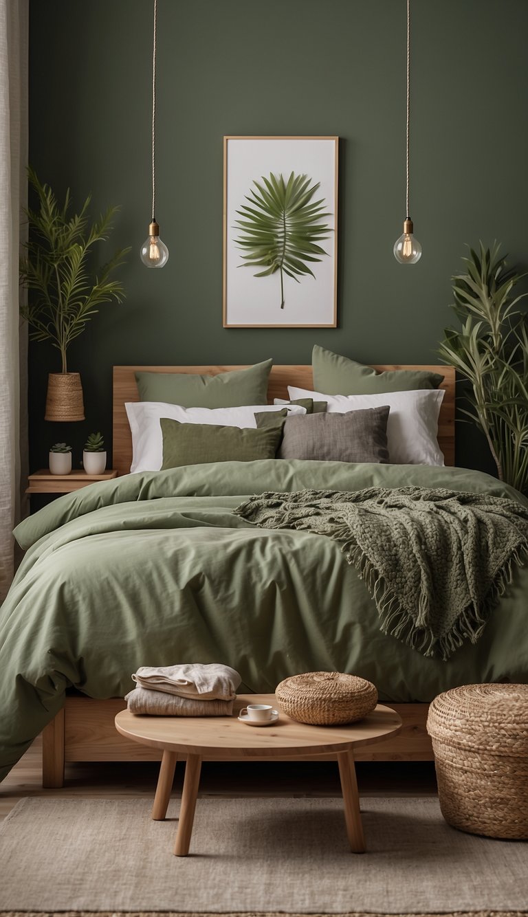 A serene sage green bedroom with soft, natural lighting. A cozy bed with earthy-toned bedding and botanical accents. Subtle pops of color from plants and artwork