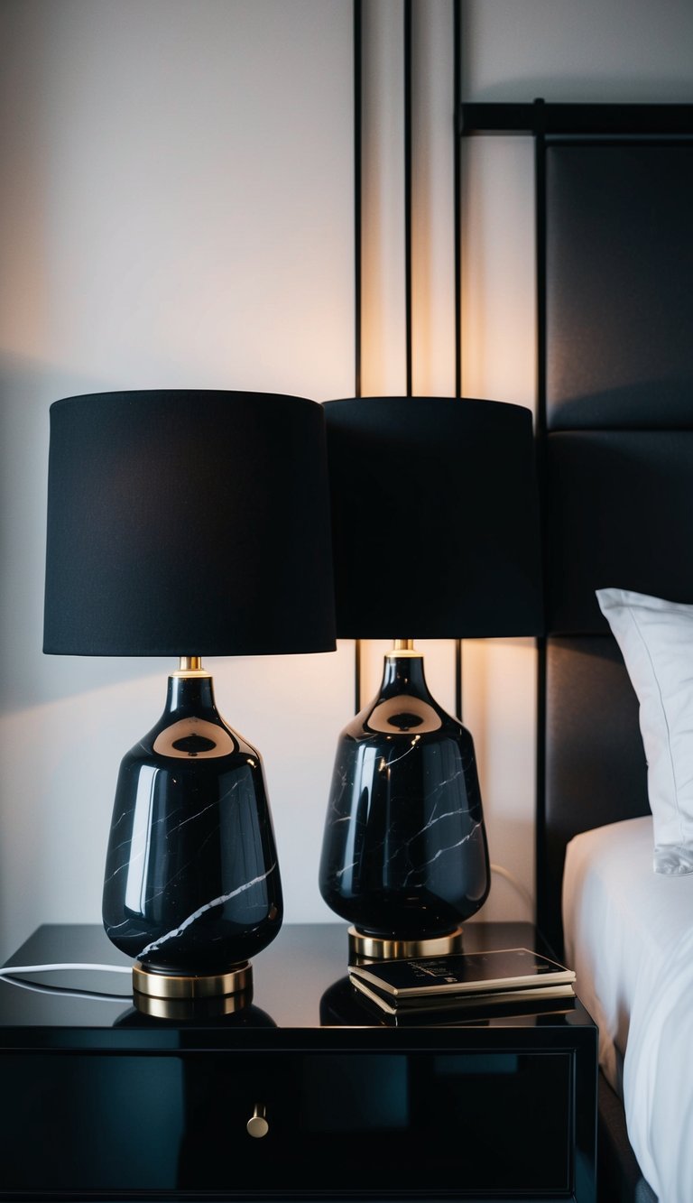 A sleek black nightstand holds two marble black night lamps, casting a soft glow in a modern, monochromatic bedroom