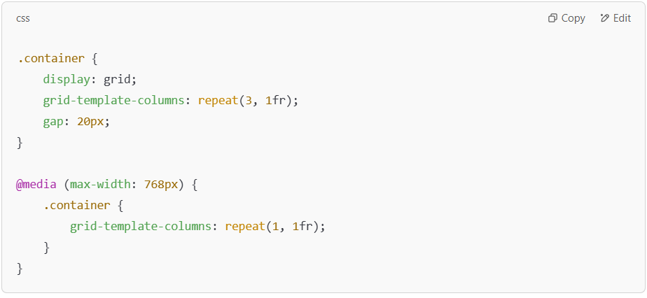 CSS for a responsive 3-column grid layout.