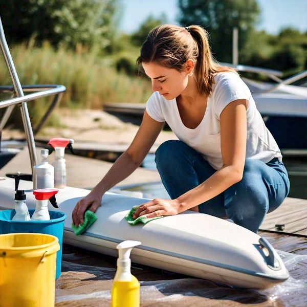 A boater cleaning fenders.