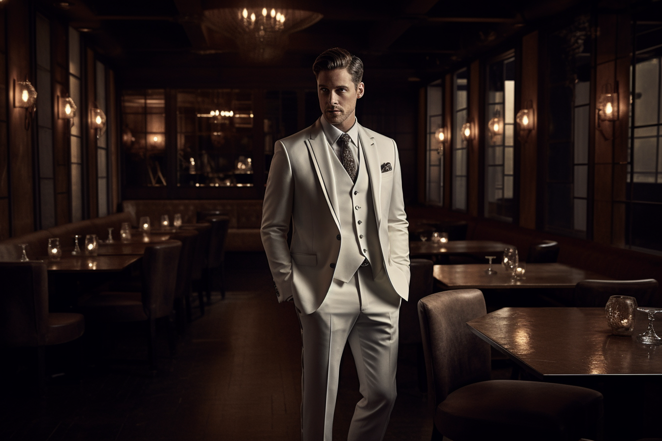 
A groom in a tailored three-piece white suit, standing confidently in a refined wedding setting. The three-piece design adds depth and structure, with a crisp white vest, sharp jacket, and well-fitted trousers. The groom’s polished black shoes and sleek accessories complement the sophisticated look. The formal venue, with elegant décor and soft lighting, emphasizes the groom’s classic and structured style