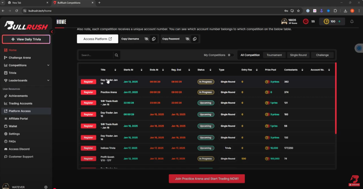 Test your trading skills and win prizes in BullRush’s free day trading competitions.