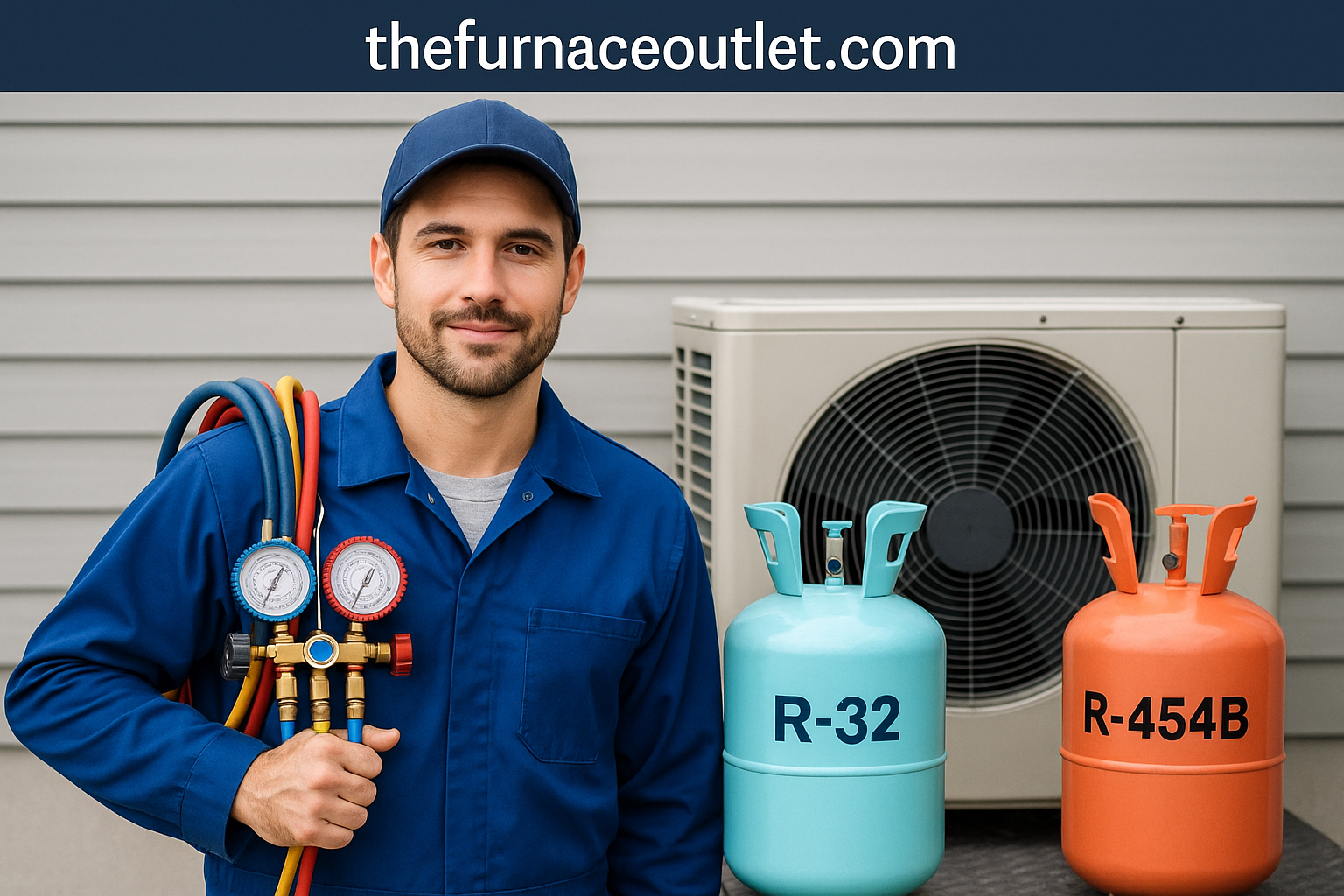 A high-resolution digital photograph features an HVAC technician in a blue uniform holding manifold gauge hoses in front of an outdoor condenser unit. Beside him are labeled R-32 and R-454B refrigerant cylinders. The Furnace Outlet branding is prominently displayed above, symbolizing leadership in safe A2L refrigerant practices.