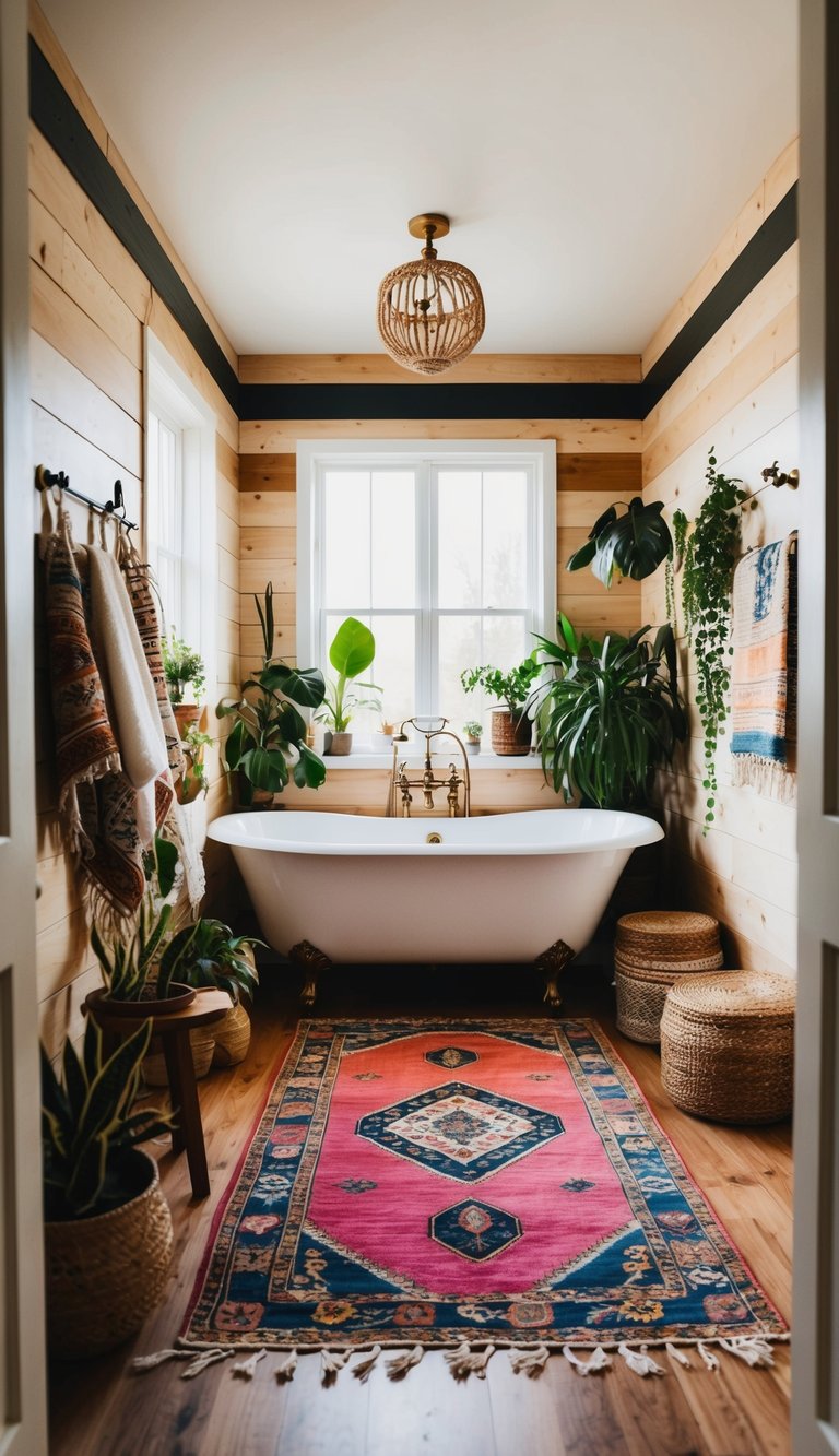 A bohemian-themed bathroom with shiplap walls, vintage rugs, and eclectic decor. A clawfoot tub sits in the center, surrounded by plants and natural light