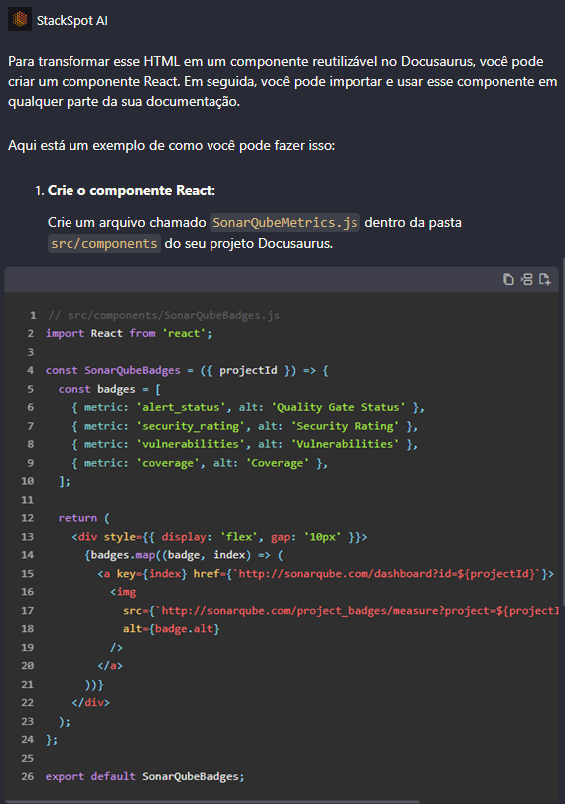 Imagem do artigo Documentação técnica com IA com Parte 1 de 2 da resposta de como criar componente a partir do HTML.