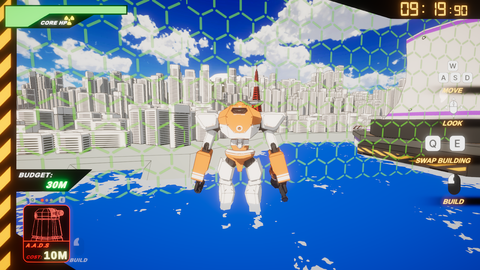 A robot stands in front of a wall made of green hexagon outlines. 