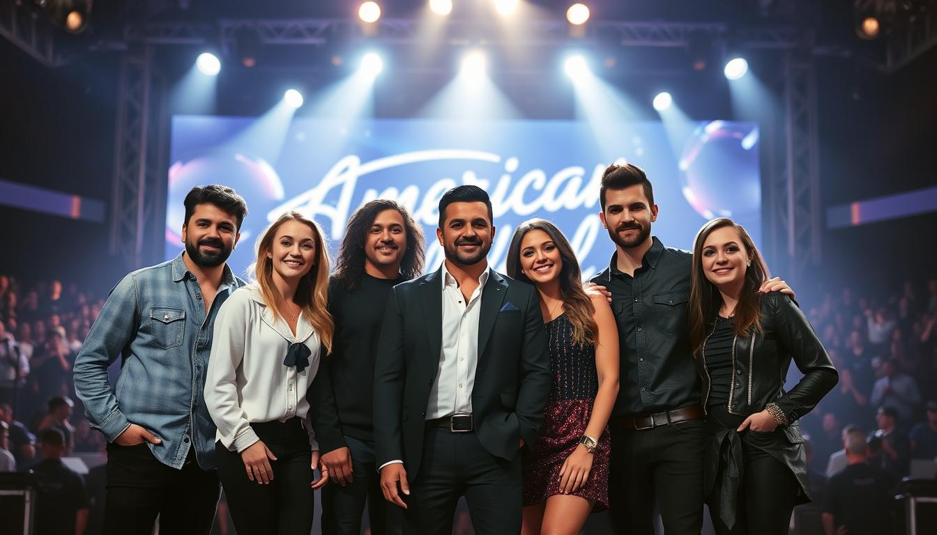A high-quality group portrait of the top 5 finalists from the 2025 season of American Idol, captured with a professional DSLR camera in dramatic studio lighting. The finalists are posed together in the foreground, each with a confident expression and stylish stage attire. The background is a softly blurred stage or concert hall setting, conveying the excitement and energy of the competition. The lighting is cinematic, creating depth and highlighting the contestants' features. The overall atmosphere is one of anticipation and accomplishment, reflecting the incredible journey of these talented musicians.