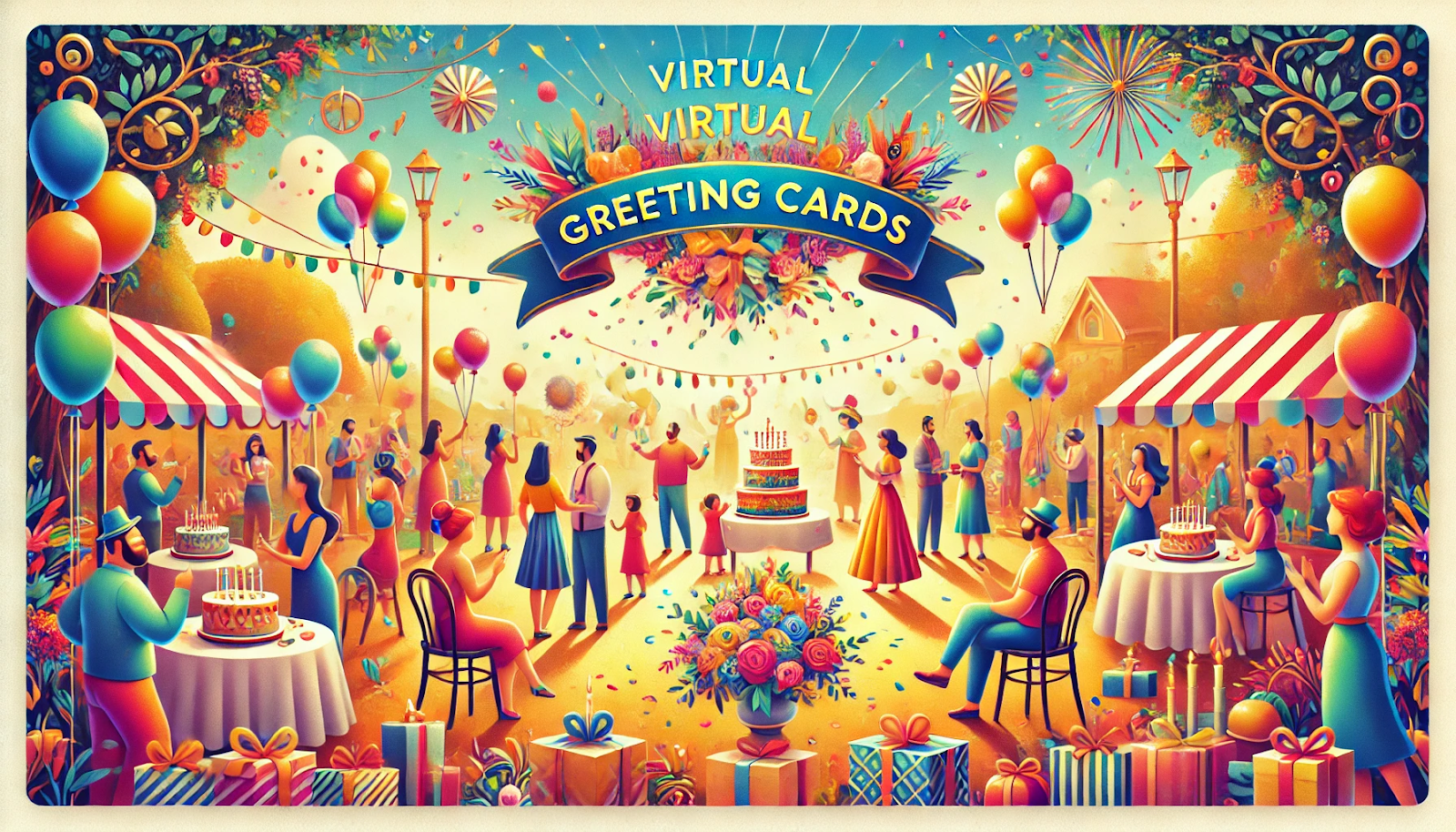 Colorful digital greeting card in landscape format featuring a joyful celebration scene with diverse people, balloons, confetti, and festive decorations. A large banner in the center reads Virtual Greeting Cards in elegant lettering, creating a warm and cheerful atmosphere perfect for any special occasion