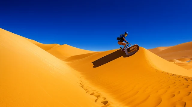 A thrilling sandboarding experience in the Atacama Desert, where a rider glides down towering golden dunes under a vibrant blue sky. The desert's unique landscapes of salt flats, volcanic peaks, and dramatic terrain make it an adventure seeker’s paradise.