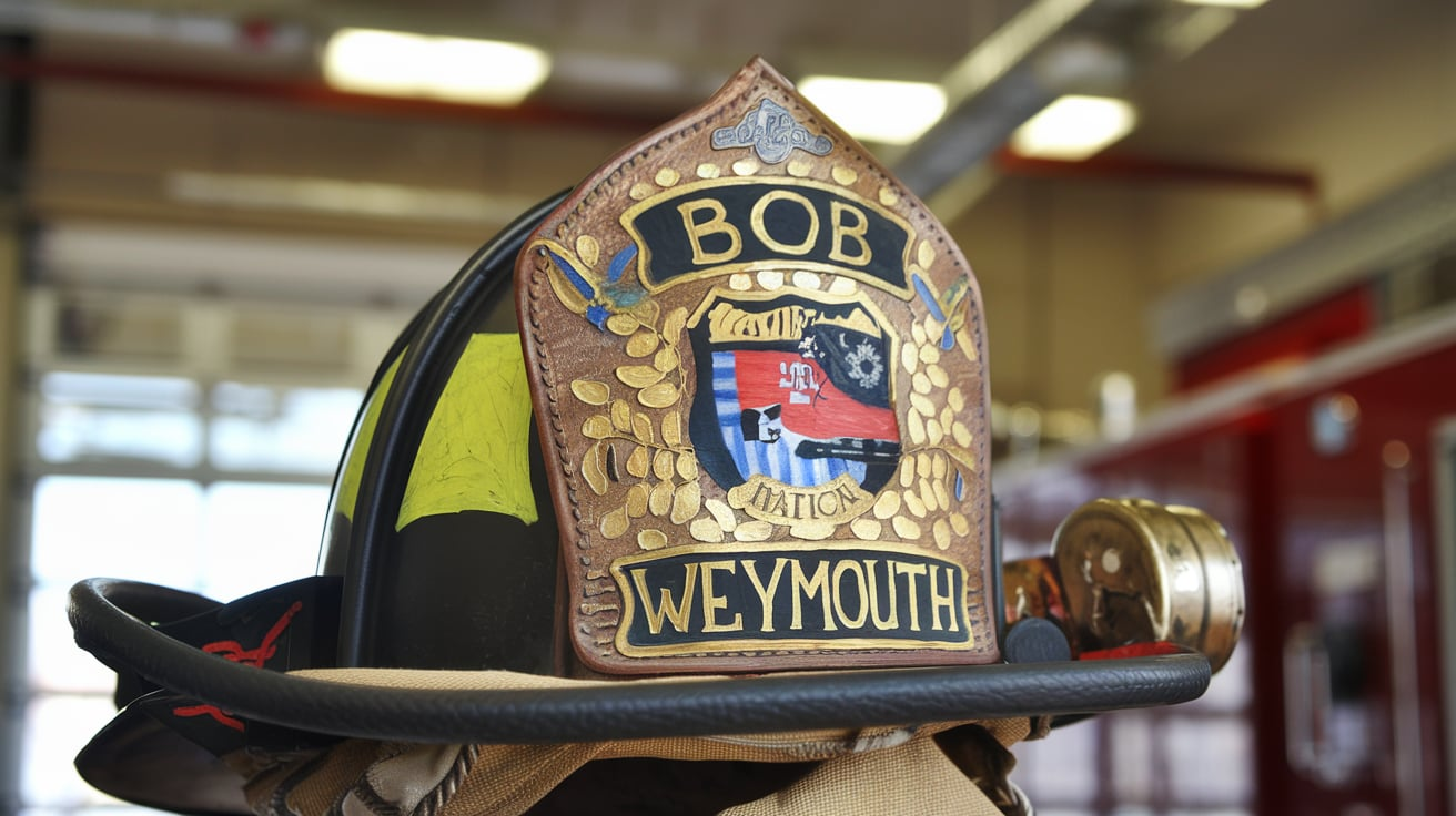 bob weymouth hand painted gold leaf fire helmet shields​

