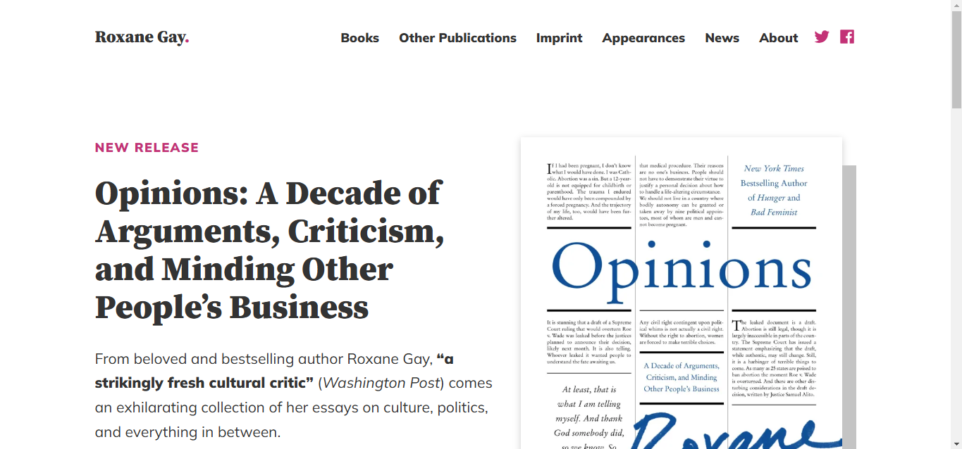 a screenshot of www.roxanegay.com a one-page author website