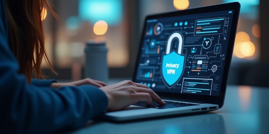 Person using laptop with serene background for VPN security.