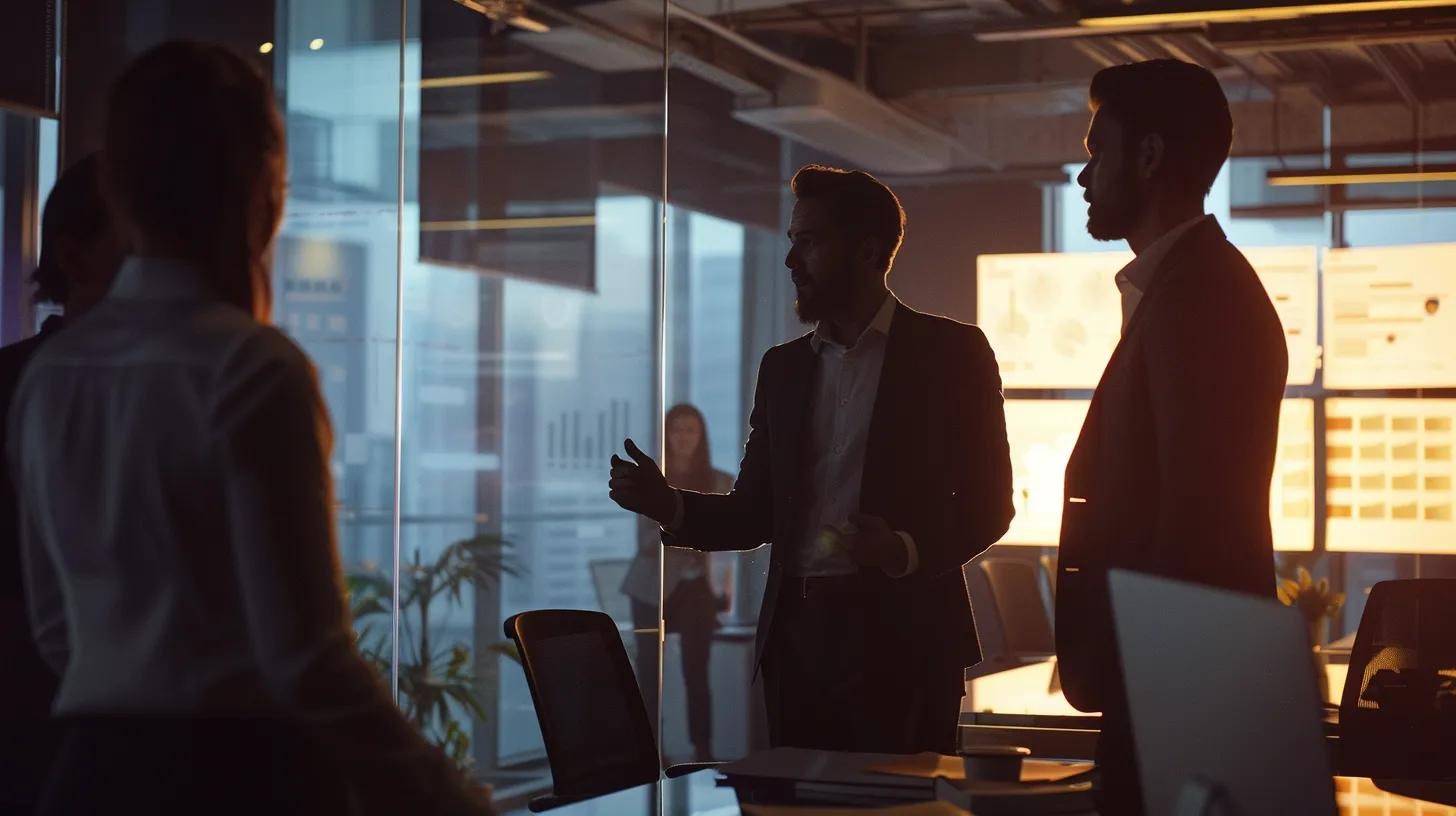 a professional office environment showcases a sleek presentation board filled with a compelling brand story structure, featuring bold graphics and engaging visuals that draw in an attentive group of diverse business professionals.