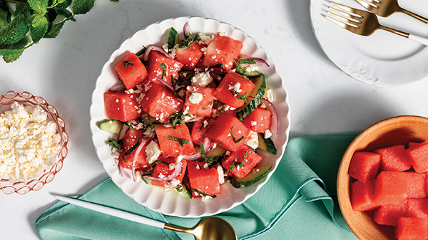 A bowl of watermelon salad

AI-generated content may be incorrect.