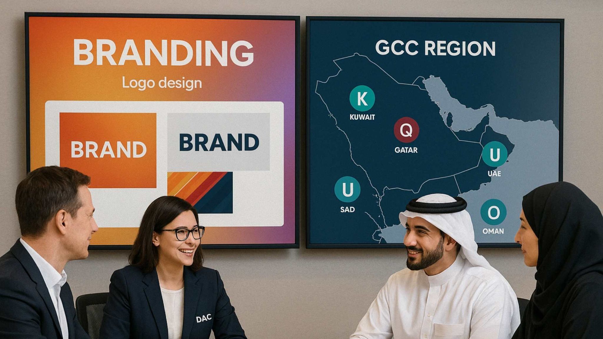 Business professionals in a strategy meeting with branding visuals and a GCC region map, discussing market expansion and premium brand positioning through Outdoor Digital Display Qatar.