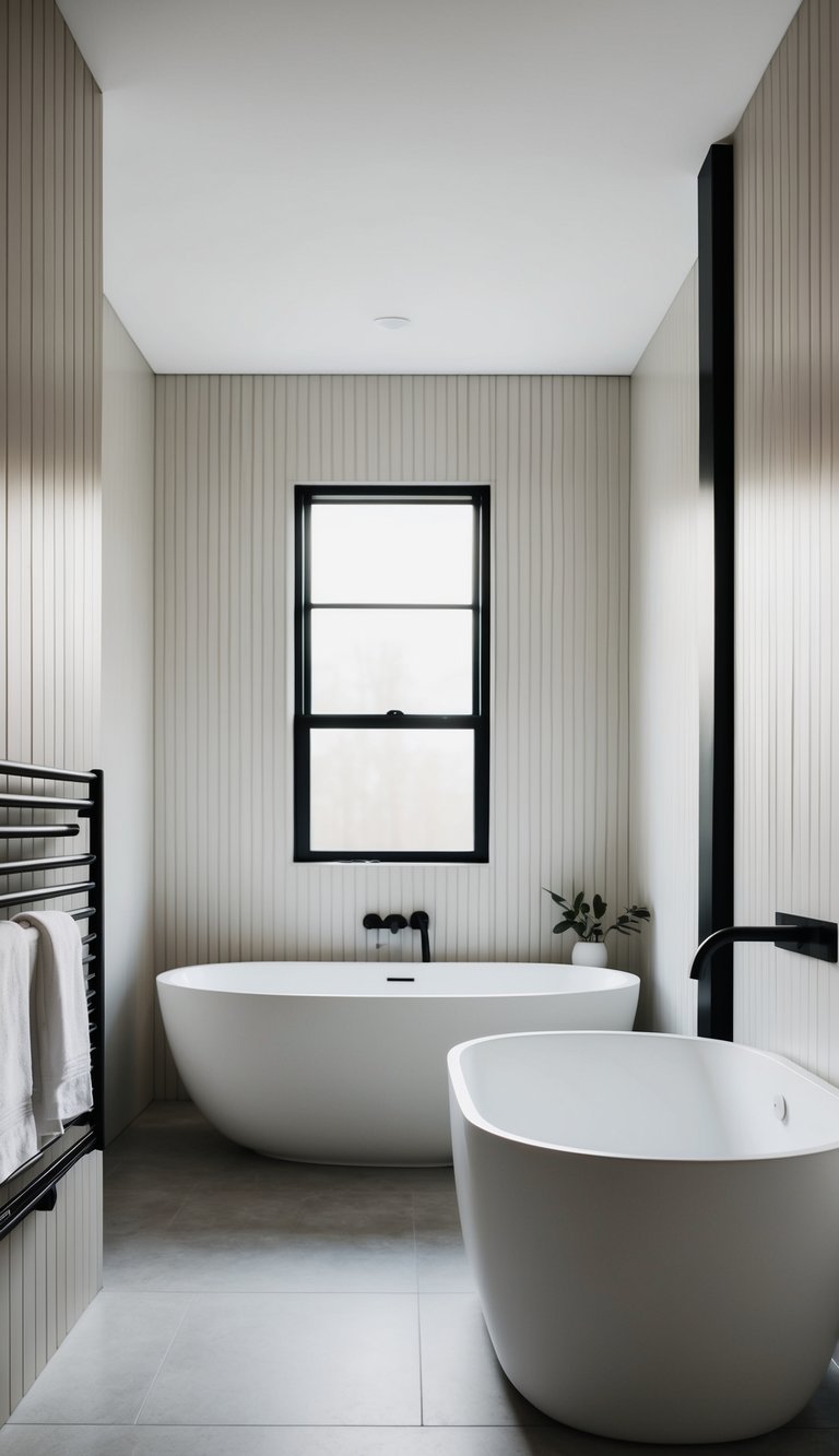 A modern bathroom with vertical shiplap walls, a sleek bathtub, and minimalist decor