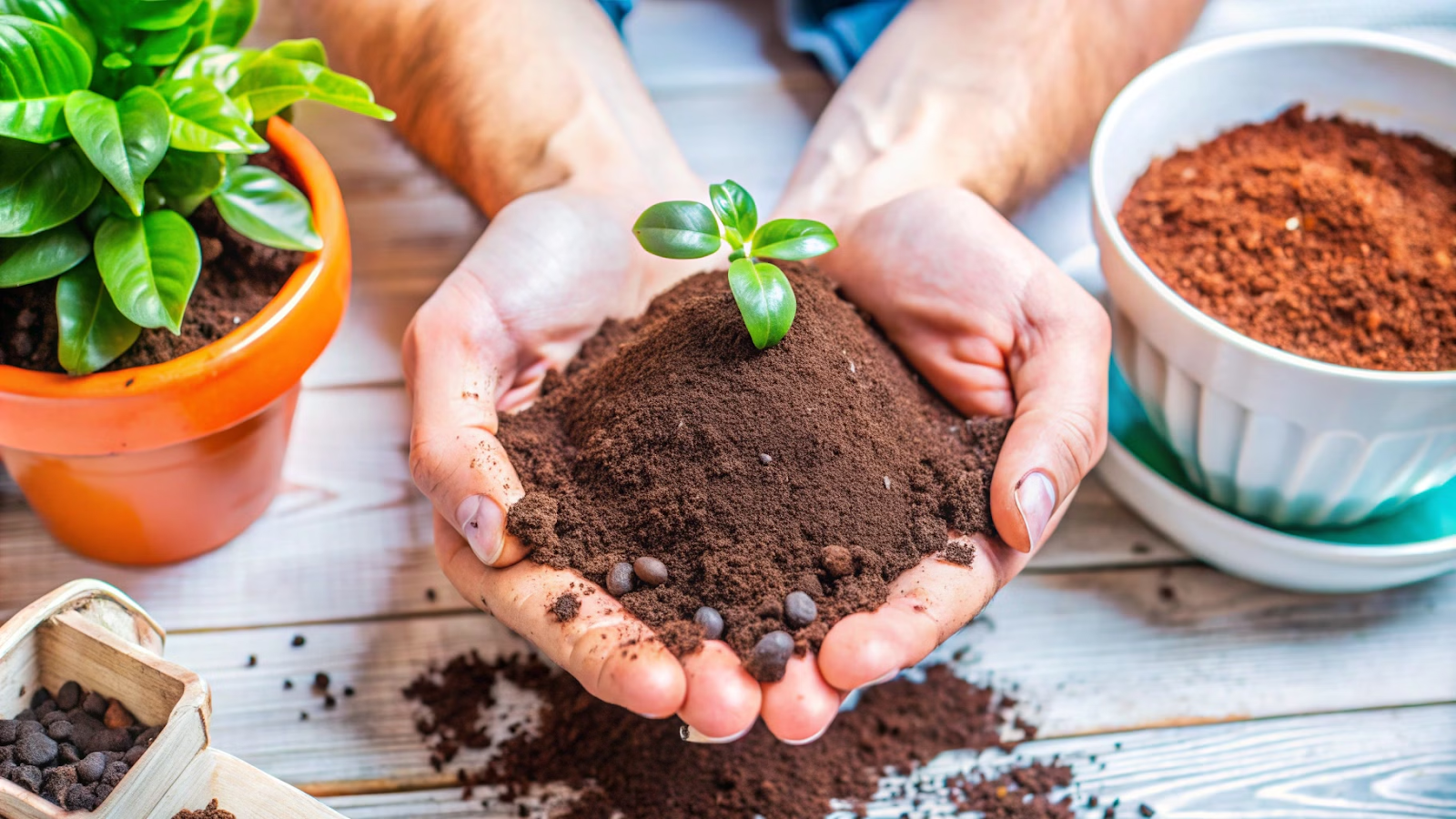 Jardineiro aplicando borra de café como adubo natural em uma alpínia