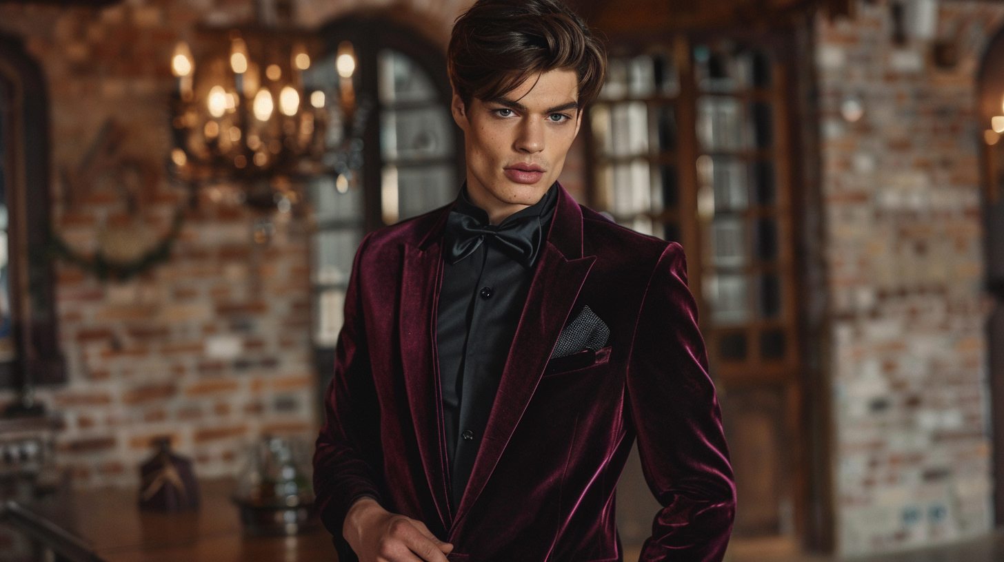 Teen guy wearing a rich velvet suit jacket in burgundy, emerald, or midnight blue. Paired with black trousers and subtle accessories. Bold, textured look at a glamorous prom venue.