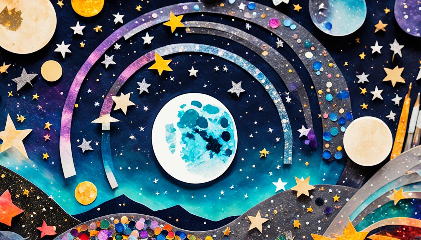 Focus on a dark, starry night sky with a clear view of the full moon. In the foreground, create a vision board made of colorful cut-out images of material wealth, financial freedom, and abundance. Add some glitter and sparkle to make it stand out. The vision board should be surrounded by bright, glowing energy orbs that represent positive energy and manifestation power.