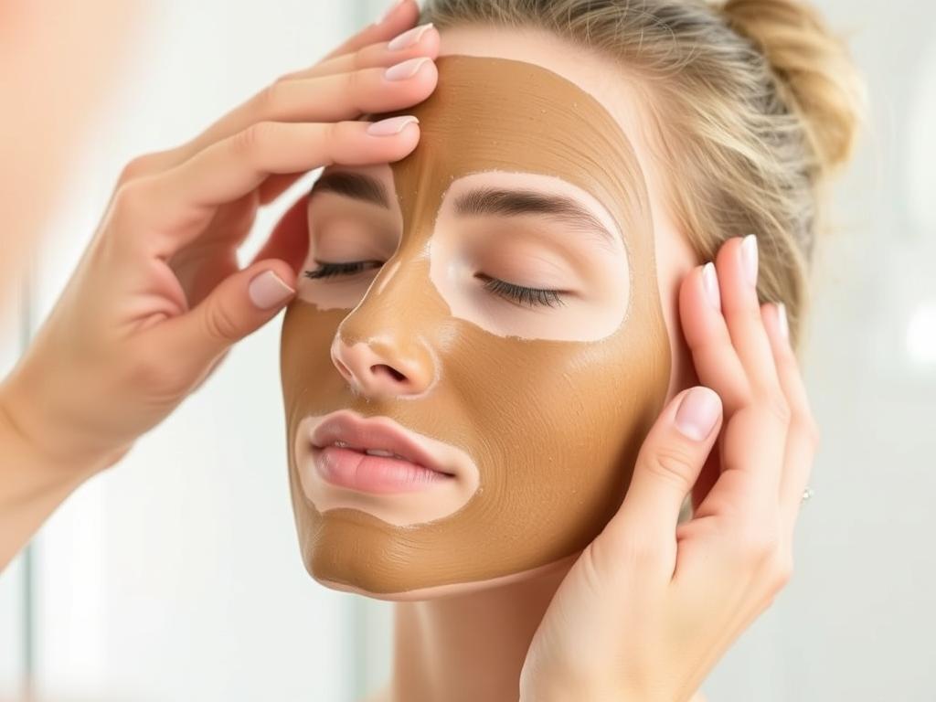 Person applying sandalwood face mask focusing on T-zone