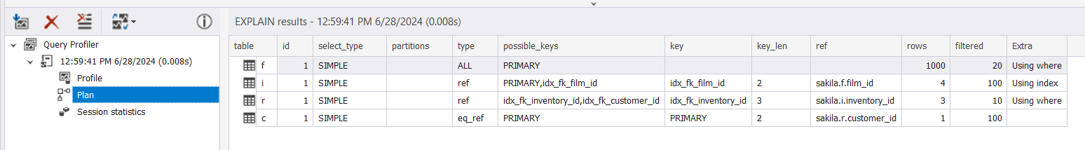 EXPLAIN results in dbForge