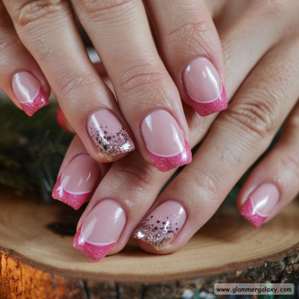 Pink Christmas Nails having Pink French Tips for the Holidays
