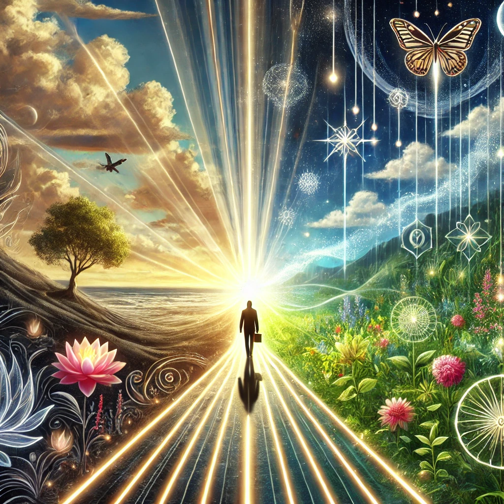 A person walking on a radiant path that glows with soft, shimmering light, representing the influence of daily affirmations. The path is lined with subtle, glowing symbols and motifs that signify positivity, growth, and self-discovery. The landscape transitions from dark, shadowy tones on one side to vibrant, colorful surroundings filled with lush greenery, blooming flowers, and butterflies, symbolizing transformation and fulfillment. The person walks with confidence and grace, looking upward toward a brighter, higher purpose. The sky is clear, with rays of light shining down, indicating hope and clarity.